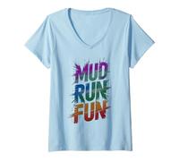Women's Groovy MUD Run Fun Mudder Sisters Mudding Queen Humor V-Neck T-Shirt
