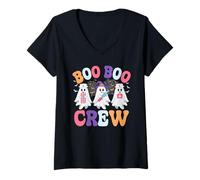 Womens Groovy Nurse Scrub Top Spooky Boo Crew Ghost Nurse Halloween V-Neck T-Shirt