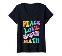Womens Groovy Peace Love Math Retro STEM Teacher Back to School V-Neck T-Shirt