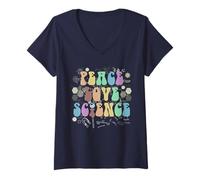 Womens Groovy Peace Love Science Technology Team STEM Biology Squad V-Neck T-Shirt
