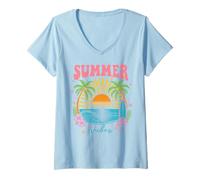 Women's Groovy Retro Summer Beach Sunset Palm Tree Surfing Tropical V-Neck T-Shirt