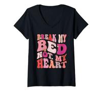 Womens Groovy Retro Vintage Break My Bed Not My Heart V-Neck T-Shirt