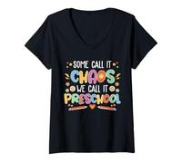 Womens Groovy Some Call It Chaos We Call It Preschool Teacher V-Neck T-Shirt