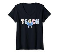 Women's Groovy Teach Teacher Pencil Coquette Bow Happy Teachers Day V-Neck T-Shirt