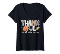 Womens Groovy Thankful for My Little Turkeys Thanksgiving Teachers V-Neck T-Shirt