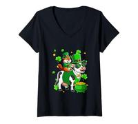 Women's Groundhog Riding Cow St. Patrick's Day Shamrocks Farmer V-Neck T-Shirt
