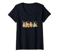 Women's Group Bunny Pomeranians Easter Reading Book Hunting Eggs V-Neck T-Shirt