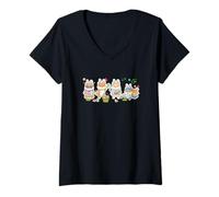 Women's Group Bunny Shiba Inus Easter Reading Book Hunting Eggs V-Neck T-Shirt