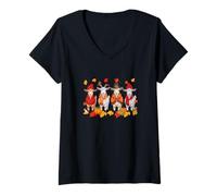 Womens Group Goats Thanksgiving Fall Leaves Pumpkins Farmer Pilgrim V-Neck T-Shirt