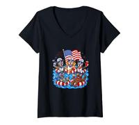 Women's Group Pit Bulls Sunglasses US Flag Drinking 4th of July V-Neck T-Shirt