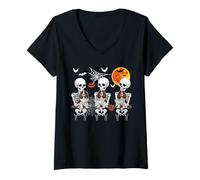 Womens Group Skeletons Hugging English Springer Spaniels Halloween V-Neck T-Shirt