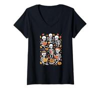 Womens Group Skeletons Reading Books Halloween Collection Bookworm V-Neck T-Shirt