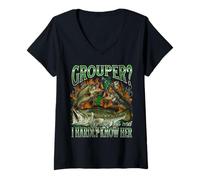 Womens Grouper? I Hardly Know Her Funny Fishing Meme Bootleg V-Neck T-Shirt