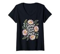 Womens Grow At Your Own Pace Boho Flower Vintage Inspiring Quote V-Neck T-Shirt