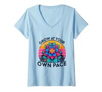Women's Grow At Your Own Pace Colorful Bloom Autism Support V-Neck T-Shirt