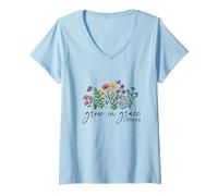 Women's Grow in Grace 2 Peter 3:18 Christian Floral Butterfly V-Neck T-Shirt