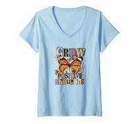 Women's Grow Positive Thoughts Monarch Butterfly Collage Design V-Neck T-Shirt