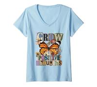 Women's Grow Positive Thoughts Monarch Butterfly Collage V-Neck T-Shirt