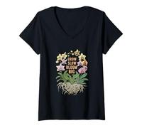 Womens Grow Slow Bloom Big Orchid Patience Flower Lover V-Neck T-Shirt