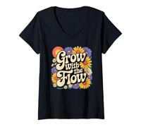 Womens Grow with The Flow Retro Floral Positivity Growth Mindset V-Neck T-Shirt