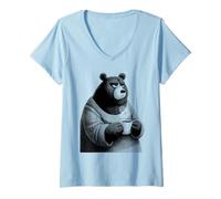Women's Grumpy Bear Coffee Lover Funny Illustration V-Neck T-Shirt
