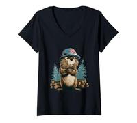 Womens Grumpy Beaver with US Headwear Costume V-Neck T-Shirt