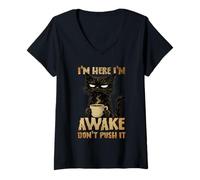 Women's Grumpy Black Cat Coffee I m Awake Dont Push Its Mood Morning V-Neck T-Shirt