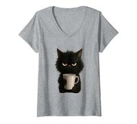 Womens Grumpy Black Cat Coffee Mug Morning Mood Design V-Neck T-Shirt