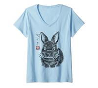 Womens Grumpy Bunny Japanese Rabbit "Usagi" Kanji Traditional Art V-Neck T-Shirt