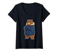 Womens Grumpy Cartoon Bear in Winter Coat Design V-Neck T-Shirt