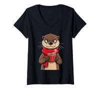 Womens Grumpy Cartoon Otter with Mug Winter Illustration V-Neck T-Shirt