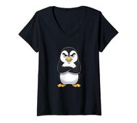 Women's Grumpy Cartoon Penguin Flexible Mood Design V-Neck T-Shirt