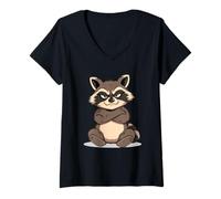 Womens Grumpy Cartoon Raccoon Sitting with Crossed arms V-Neck T-Shirt
