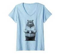Women's Grumpy Coffee Bear Lover Funny Art V-Neck T-Shirt