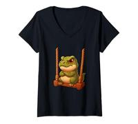 Women's Grumpy Dinosaur and TRex on Playground Swing V-Neck T-Shirt