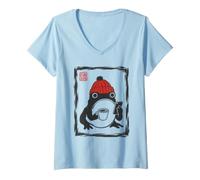 Women's Grumpy Frog Coffee Unimpressed Hipster Japanese Art Grapic V-Neck T-Shirt