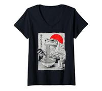 Women's Grumpy Frog Eat Ramen and Scroll Phone Funny Japanese V-Neck T-Shirt