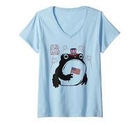 Women's Grumpy Frog Funny 4th July Independence Day Anime Japanese V-Neck T-Shirt