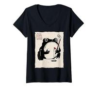 Women's Grumpy Frog Funny Golfing Golf Anime Japanese V-Neck T-Shirt