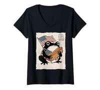 Women's Grumpy Frog Funny Hot Dog 4th of July Anime Japanese V-Neck T-Shirt