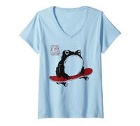 Women's Grumpy Frog Funny Skateboard Skateboarding Anime Japanese V-Neck T-Shirt
