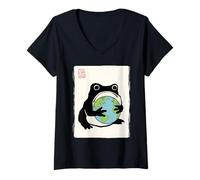 Women's Grumpy Frog Sumi-e Japanese Funny Earth Day V-Neck T-Shirt
