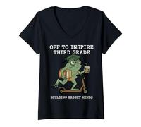 Women's Grumpy Frog Third Grade Teacher Inspire Minds Graphic V-Neck T-Shirt
