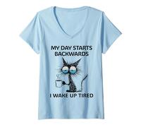 Womens Grumpy Funny Cat My Day Starts Backwards I Wake Up Tired V-Neck T-Shirt