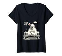 Women's Grumpy Gorilla on Bench Bird Poop Cartoon Meme V-Neck T-Shirt