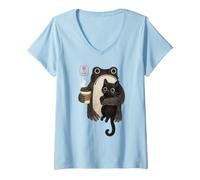 Women's Grumpy Japanese Frog Holding Cat Mornings and Coffee Anime V-Neck T-Shirt