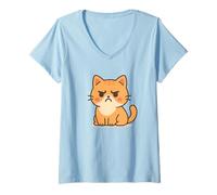 Womens Grumpy Kawaii, Cat Art. Funny Cartoon Design. V-Neck T-Shirt