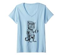 Women's Grumpy Morning Coffee Cat Tired Monday Vibes V-Neck T-Shirt