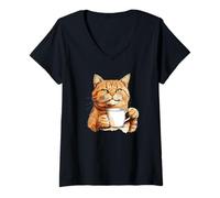 Womens Grumpy morning with Cat and Cup Costume V-Neck T-Shirt
