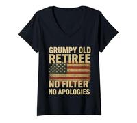 Womens Grumpy Old Retiree No Filter No Apologies Vintage Flag Funny V-Neck T-Shirt